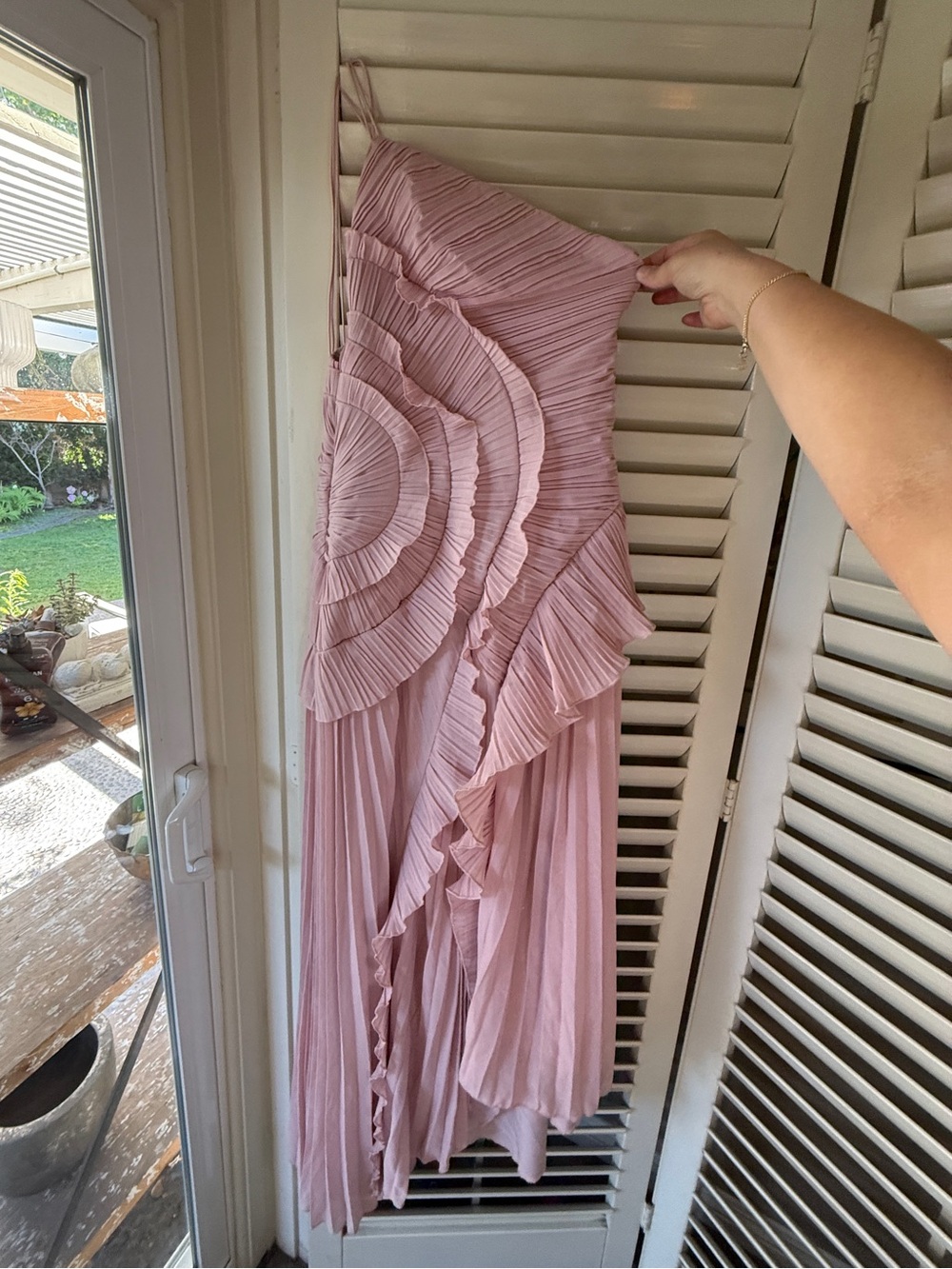 Pleated Ruffle Maxi Dress in Dusty Pink